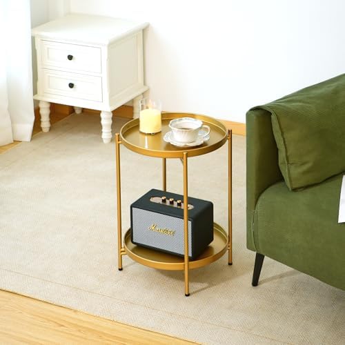 2-Tier Round End Side Table, Small Metal Side Table - Image 2