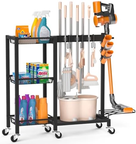 Broom Holder with Cleaning Supplies Organizer, 30.7"Wx11.8"Dx34.6"H by FLOUREEbyFetchHome