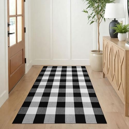KILOCOCO Buffalo Plaid Checkered Rug 3x5 ft Black White Front Door Rug - Image 3