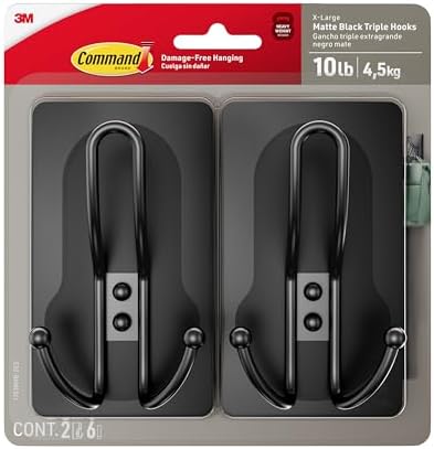 Command X-Large Black Triple Hooks, 2 Hooks, 6 Strips by Command