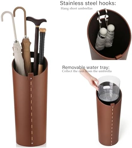 Brown Leather Umbrella Holder Indoor Umbrella Stand Rack - Image 5