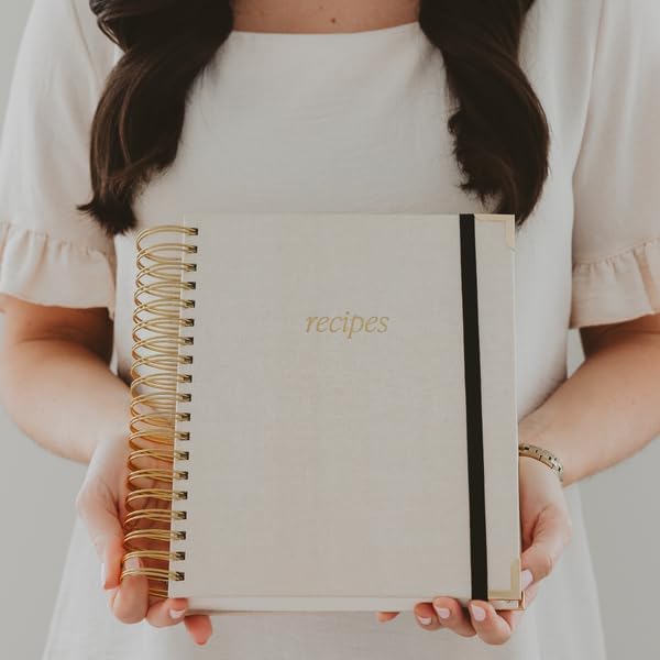 Sweet Water Decor Recipes Journal, Cute 8 Tabbed Cooking Notebook for Women, 40 Prompt Recipe Pages Per Section, Neutral Laminate Spiral Bound Diary with Gold Metal Corner Details
