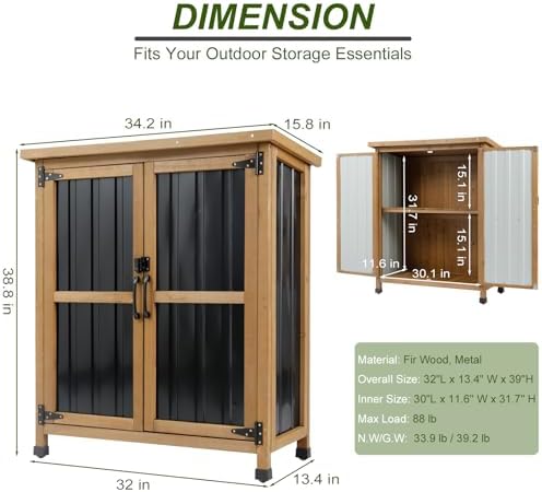 Ketive Small Outdoor Storage Cabinet Wood & Metal, Small Garden Tool Storage - Image 3