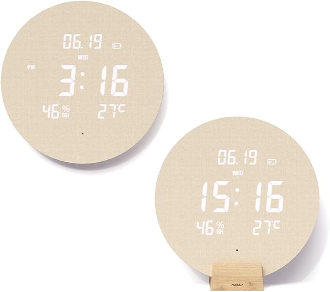 mooas Wood Moon Cordless Digital LED Wall Clock, Time Week Temperature & by mooas