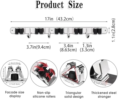 AceMining Broom Holder Wall Mount, 5 Racks 4 Hooks Heavy Duty Mop Organizer - Image 3
