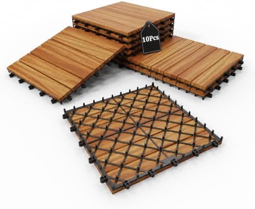 Solid Acacia Wood Interlocking Deck Tiles, 12 x 12 Inch Waterproof Snap by KIPONURA