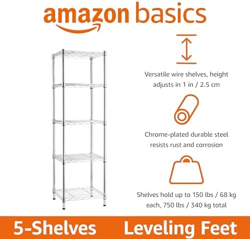Amazon Basics 5-Shelf Tower Adjustable Storage Shelving Unit, 150 lbs Per Shelf - Image 2