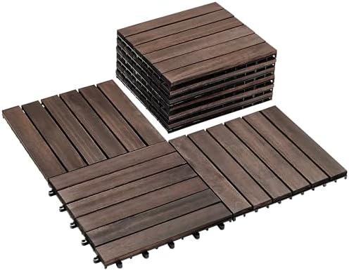PrimeZone 9 PCS Solid Acacia Wood Interlocking Patio Deck Tiles Outdoor by PrimeZone