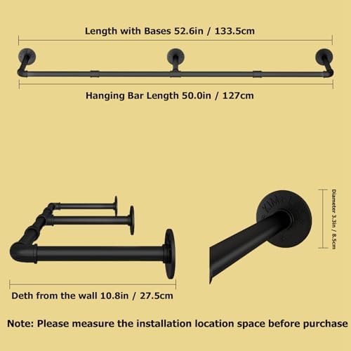 Wall Mounted Clothes Rack, 52.6in Industrial Pipe Clothing Rack - Image 2