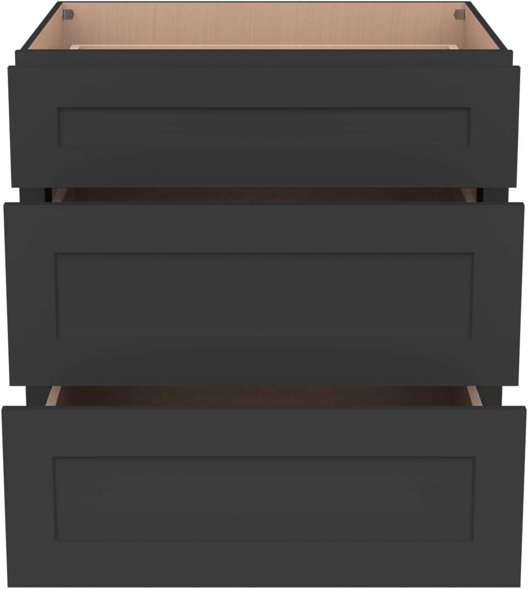Shaker Style Charcoal Black RTA Base Cabinet with Drawers - Solid Wood 3-Drawer Design with Soft Close, 24" W x 24" D x 34.5" H, Perfect for Standalone Use or Kitchen Cabinet Combinations