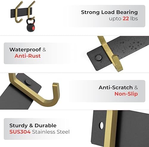 Small Coat Rack Wall Mount – Black and Gold Hook Rail - Image 3