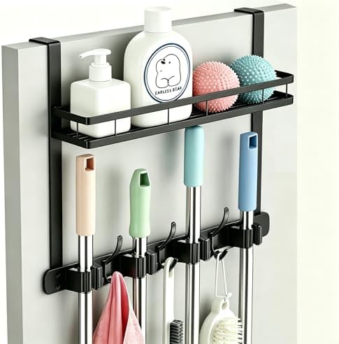 Over the Door Heavy Duty Metal Broom & Mop Holder, No-Drill Cleaning Supply by EARLESSBEAR