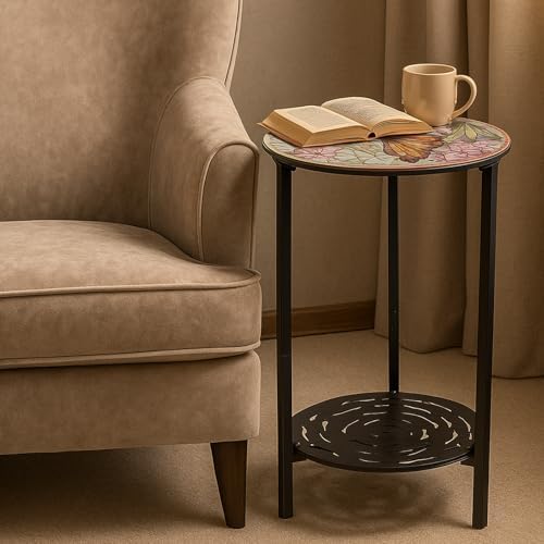2-Tier Metal Round Side Table Black Accent Coffee Tables Small Space Corner - Image 2