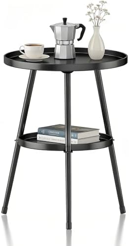 Side Table 2-Tier Small Round End Table Metal Black Accent Table by Unknown