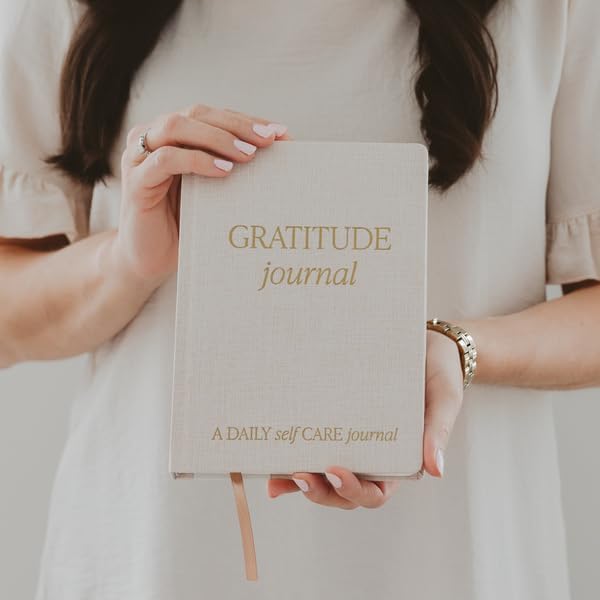 Sweet Water Decor Gratitude Daily Journal, Cute Prompted Notebook for Women, 184 Ruled Pages for 1 Year of Daily Reflection, Tan Fabric Journal with Gold Foil Details and a Satin Ribbon Bookmark