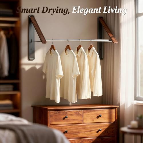 Wall Mounted Retractable Clothes Drying Rack, Walnut Foldable Hanger, Space - Image 3