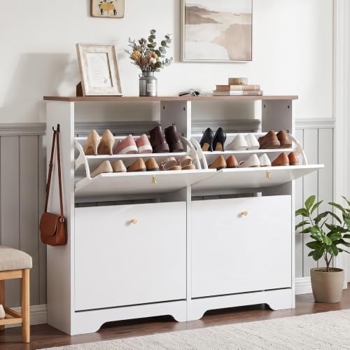Nicetree Shoe Cabinet, 4 Flip Drawers Slim White by Nicetree