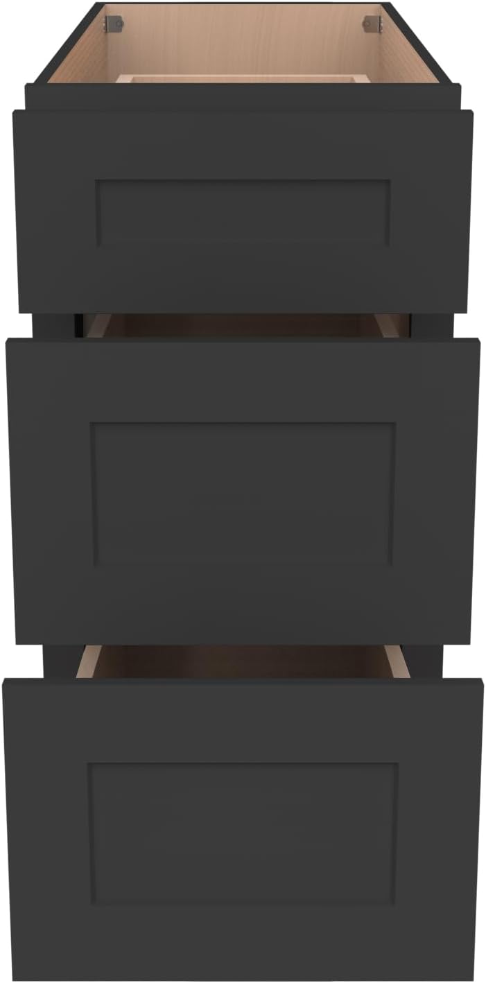 Shaker Style Charcoal Black RTA Solid Wood Base Cabinet with 3 Drawers and Soft Close Feature, 12" W x 24" D x 34.5" H, Perfect for Standalone Use or Kitchen Cabinet Combinations