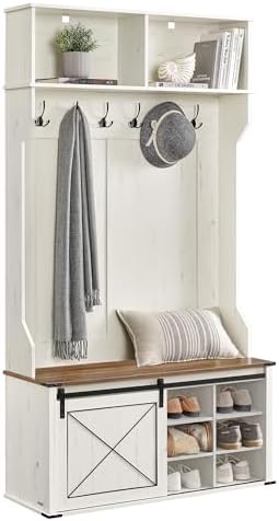 VASAGLE Hall Tree with Bench and Shoe Storage, 6 Tri-Hooks, Sliding Door by VASAGLEbySONGMICSHOME