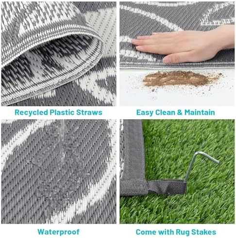 HEBE Waterproof Outdoor Rug 9'x12', Floral Reversible Plastic Patio Rug - Image 5