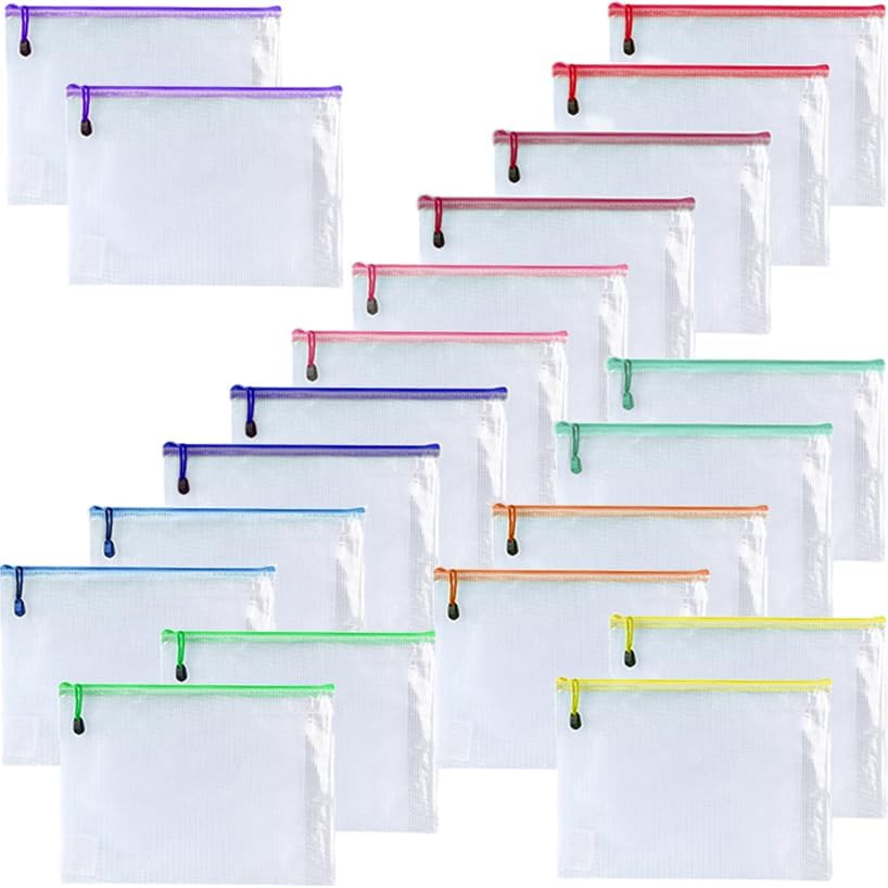 OAIMYY-20 PCS-6"x 8"-Mesh Zipper Pouch, Plastic Zip File Folders Puzzle Bags for Organizing,Office Supplies,Travel,Home Storage (Color)