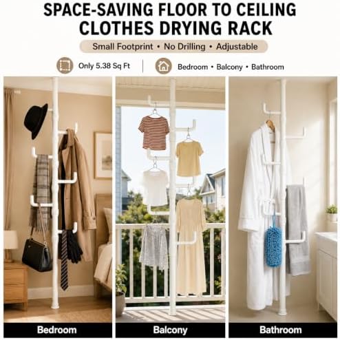 Floor to Ceiling Clothes Drying Rack, Adjustable Tension Pole Laundry Rack - Image 3