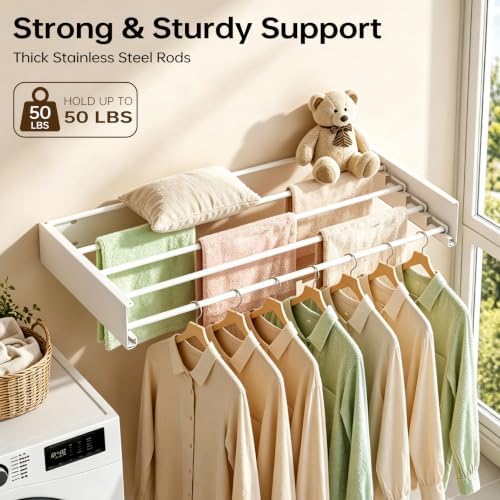 24in Wall Mounted Drying Rack Foldable Retractable 60lbs 5 Rods - Image 6