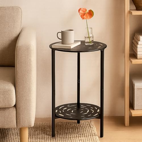 2-Tier Metal Round Side Table Black Accent Coffee Tables Small Space Corner - Image 2