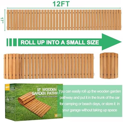 RELIANCER 12' Wooden Garden Pathway, Weather-Resistant Roll Out Cedar Walkway - Image 2