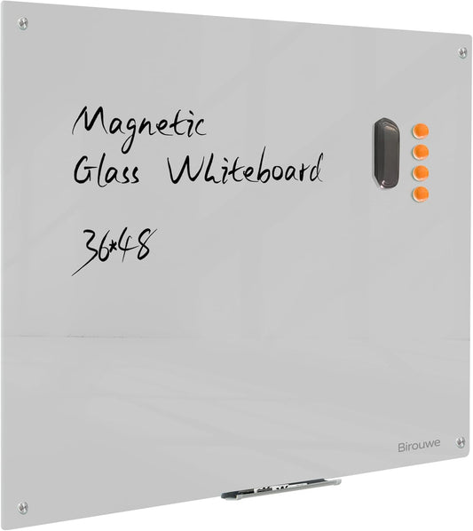 Magnetic Glass Dry Erase Board - White Board 48 x 36 Inch Wall Mounted Glass Whiteboard, Large Frameless Glass White Board for Wall Office, Home & School, Gray