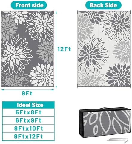 HEBE Waterproof Outdoor Rug 9'x12', Floral Reversible Plastic Patio Rug - Image 2