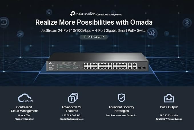TP-Link Omada SL2428P | 24 Port Fast Ethernet Smart Managed PoE Switch |24 PoE+ - Image 4