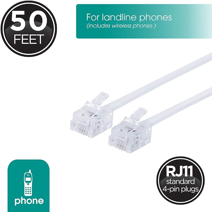 Power Gear Telephone Line Cord, 50 Feet, Ultra-Thin Phone Cord, Modular Jack - Image 2