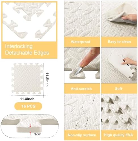 Shihanee 16 Foam Floor Interlocking Tiles, 11.8 x 11.8 Inch, Ivory White - Image 2