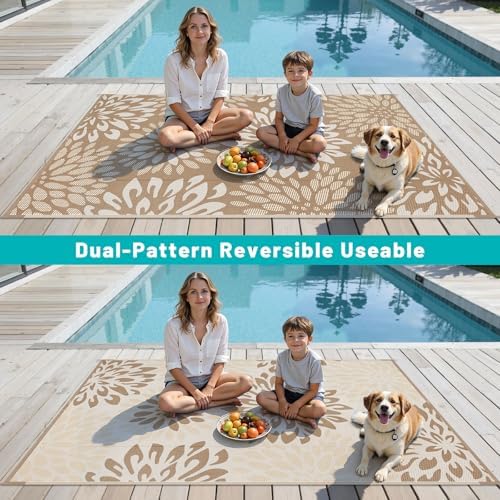 HEBE Waterproof Outdoor Rug 6'x9', Floral Reversible Plastic Patio Rug - Image 6