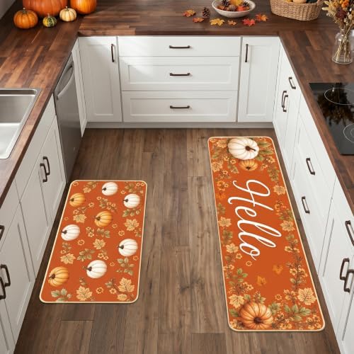 Hello Fall Kitchen Mats, Autumn Pumpkin Kitchen Rugs Set of 2 - Image 2