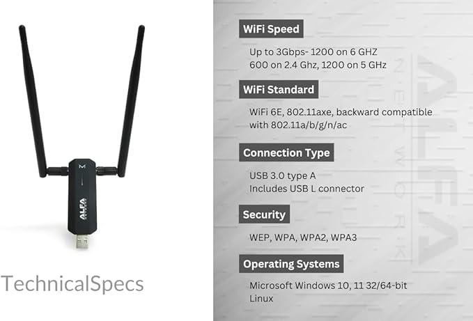 ALFA AWUS036AXM WiFi 6E USB 3.0 USB Adapter, AXE3000 Tri-Band 6Ghz/5.8GHz/2.4GHz - Image 2
