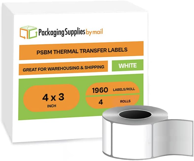 PSBM Thermal Transfer Labels, 4x3 Inch, 4 Rolls, 1960 Labels/Roll, 3 Inch Core, Perforated, Must Have Thermal Ribbon (Not Included)