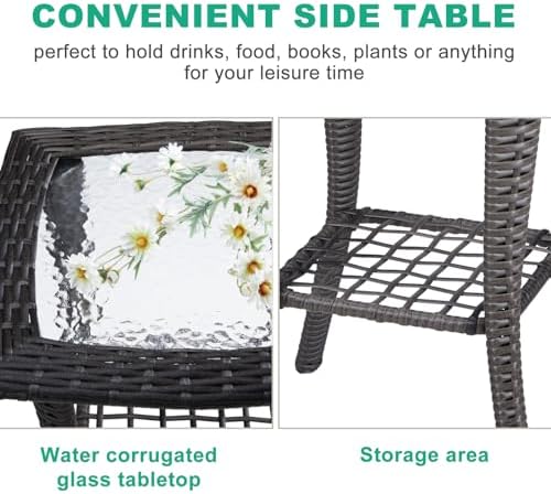 VINGLI Outdoor Side Table with Storage Wicker Patio Side Table, Tempered Glass - Image 5
