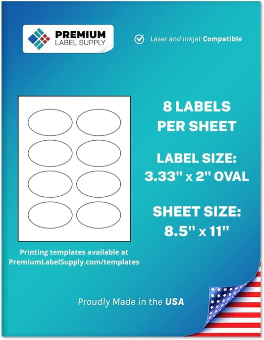 Premium Label Supply White Sticker Oval Labels – 3.33" x 2" Oval – Laser/Inkjet Compatible – (8 per Sheet), 100 Sheets – 800 Total Adhesive Labels