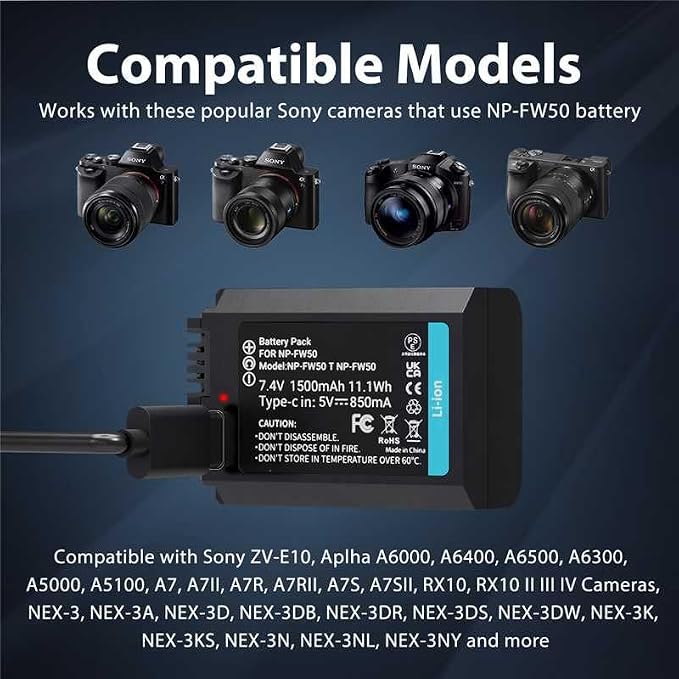LP NP-FW50 Replacement Batteries, USB-C Charging, 1500mAh - Image 4