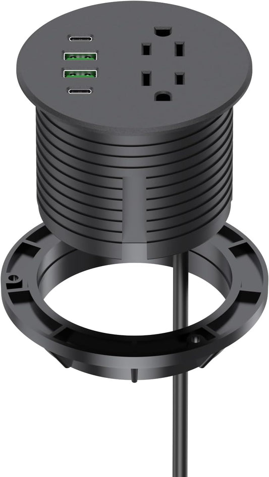 Recessed Power Grommet 3 inch With 65W USB C Ports 2 AC Outlets,Recessed Outlet Fast Charging Station,Desk Hole Grommet Outlets,Round Desktop Power Grommet Outlet for Office,Home (Black, 65W USB Port)