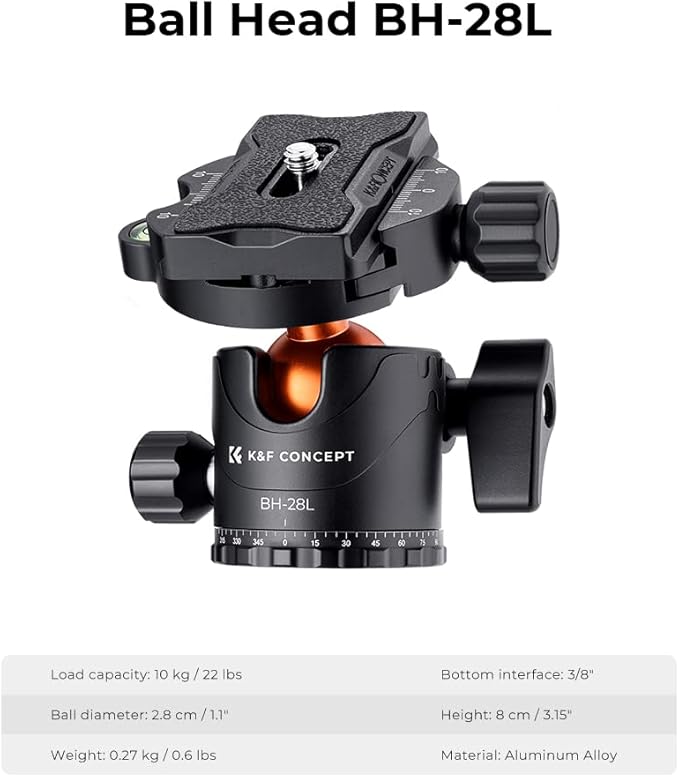 K&F CONCEPT 73 inch /186cm Camera Tripod, Transverse Center Column Aluminium - Image 5