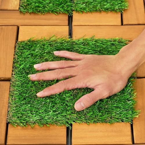 Interlocking Acacia Wood and Artificial Grass Deck Tiles 12"x12", 0.94" Thick - Image 3