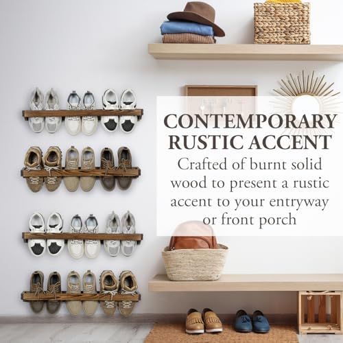 MyGift 30 Inch Rustic Burnt Wood Wall Shoe Rack Set of 4 Holds 12 Pairs - Image 3