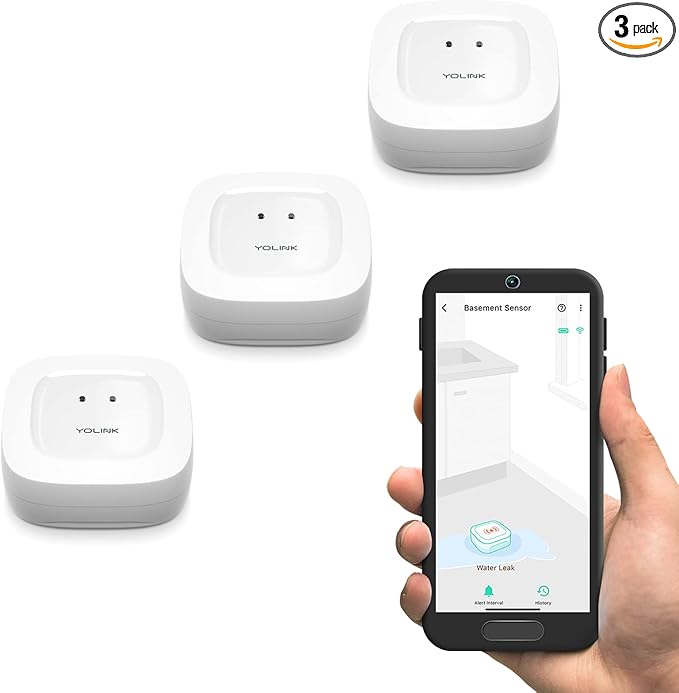 YoLink Water Leak Sensor 3-Pack, LoRa Up to 1/4 Mile Open-Air Range Smart Water by YoLink