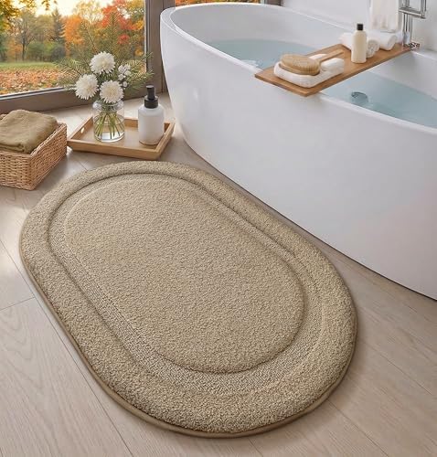 Color&Geometry Oval Beige Bathroom Rugs 36x24, Extra Soft Absorbent Microfiber - Image 4