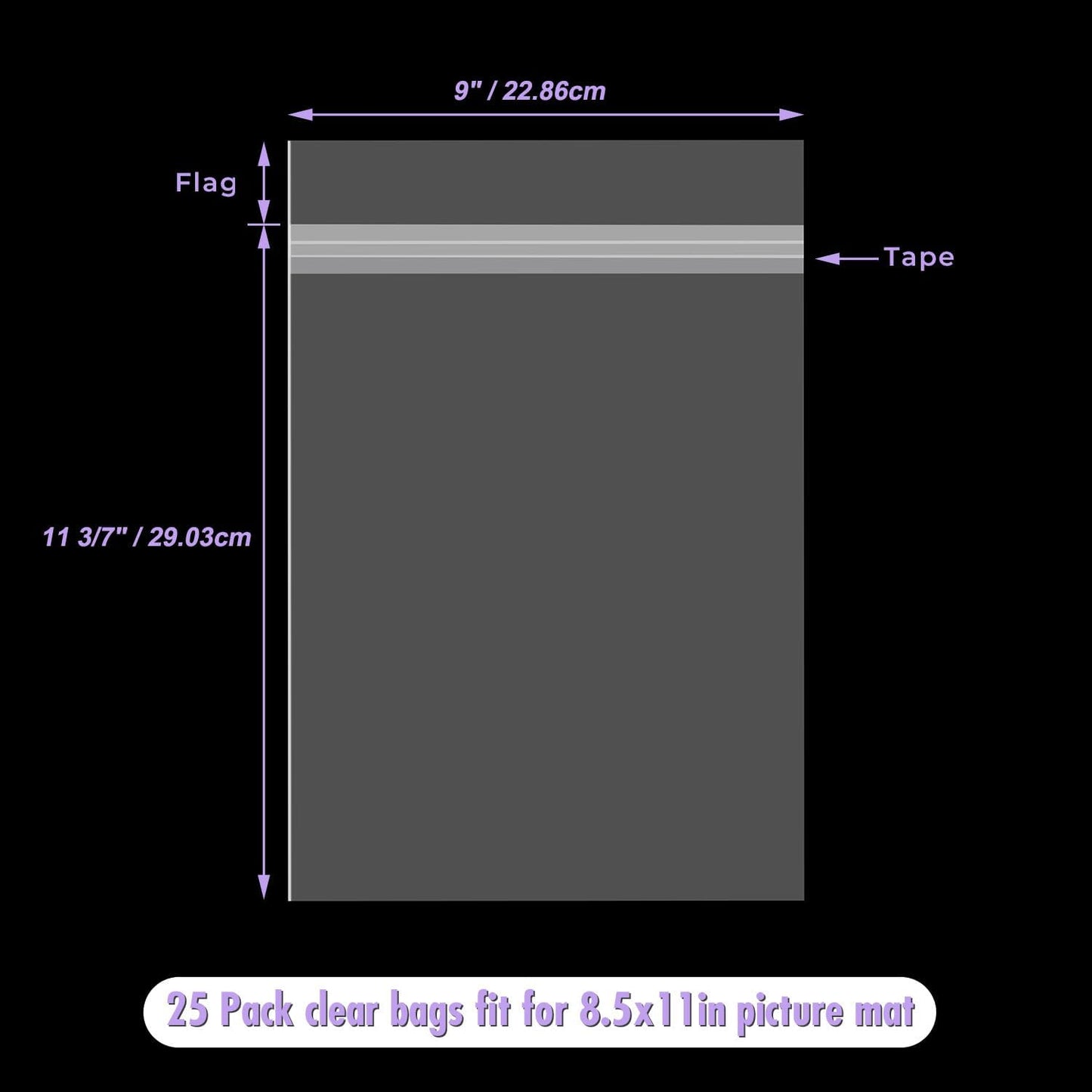 Frametory, 9 x 11 3/7 Inches Acid-Free Clear Plastic Bags, Self Seal Crystal Photo Sleeves for 8.5x11 Framing Mat Mattes, Art Prints, Pictures, Posters - 25 Pack
