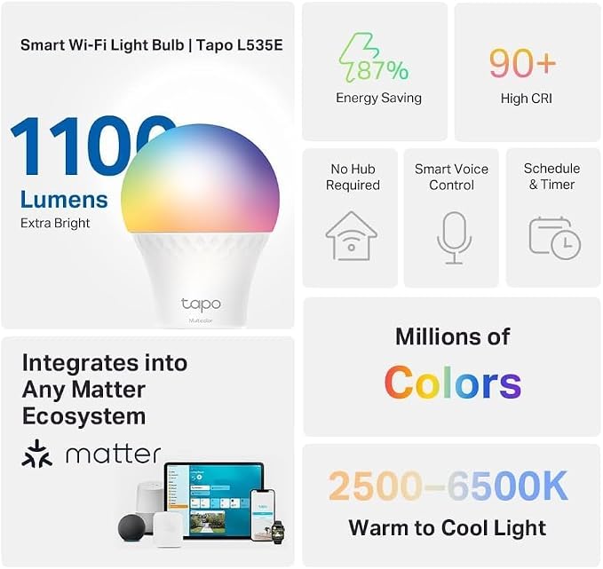 Tapo TP-Link Smart Light Bulbs, 1100 Lumens High Brightness, Matter-Certified - Image 2