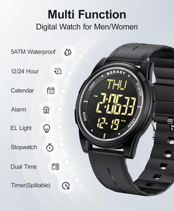 Beeasy Digital Watch for Men Women, 50M Waterproof, Ultra-Thin & Lightweight - Image 3